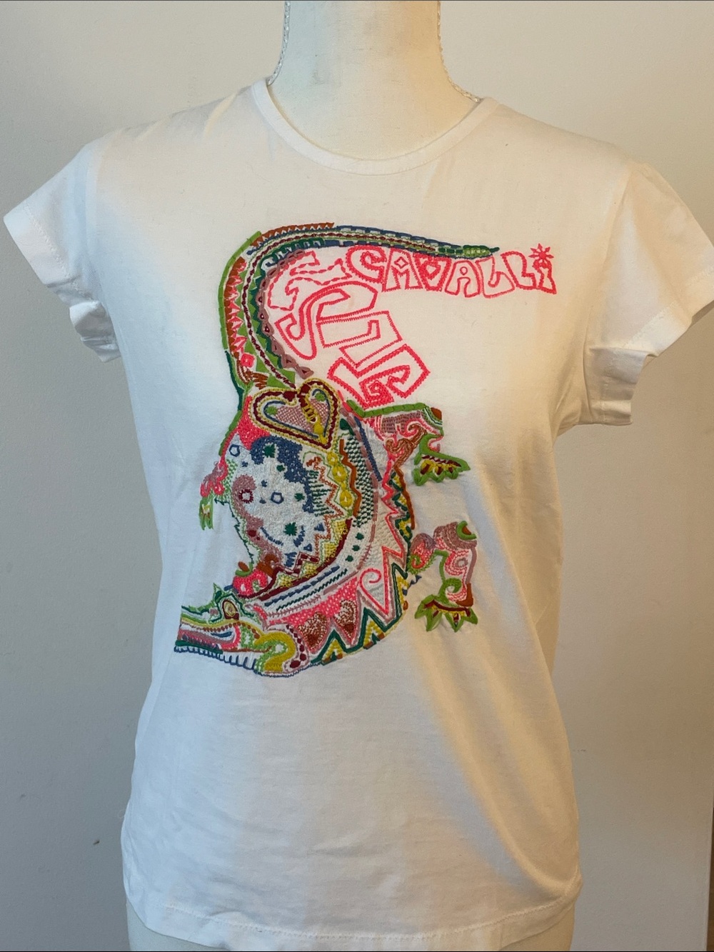 Roberto Cavalli Graphic T Shirt Crocodile Y2K Colorful Embroidered Designer Tee